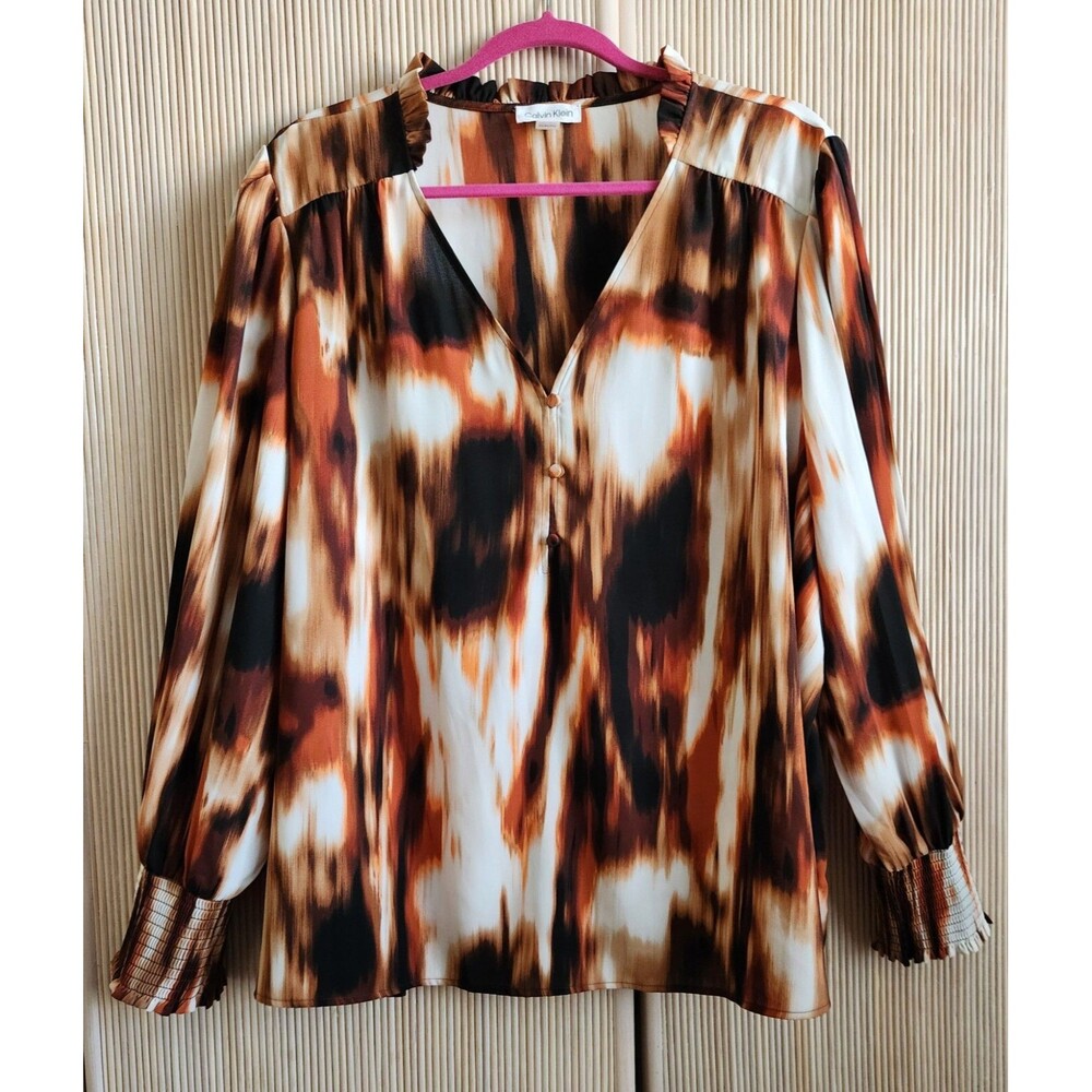 Calvin Klein Women's 3X Blouse Pullover Smocked Cuffs V-Neck Faux Button Front